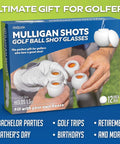 Mulligan Shots Golf Ball Shot Glasses With Lids 12 Pack box held in hands, showcasing realistic 1.5 oz golf ball design.