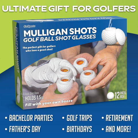 Mulligan Shots Golf Ball Shot Glasses With Lids 12 Pack box held in hands, showcasing realistic 1.5 oz golf ball design.