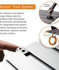 Modular track system on AeroTrac Foldable Laptop Tray For Tripod Mounting On The Go Video And Photography Workstation