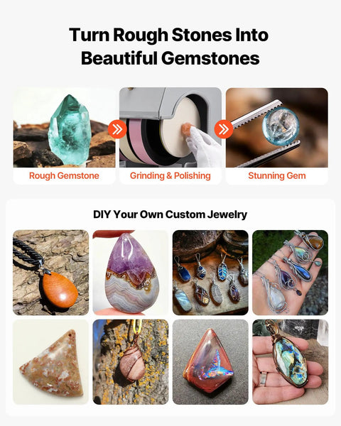 Process of using Eight Inch Cabbing Machine For Gemstones And Lapidary Polishing with before and after gemstone transformation