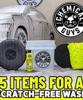 Ultimate Car Wash Bucket Kit with Dirt Trap Insert, Microfiber Mitt, Soap, and Lid next to car for scratch-free wash