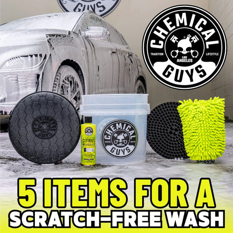 Ultimate Car Wash Bucket Kit with Dirt Trap Insert, Microfiber Mitt, Soap, and Lid next to car for scratch-free wash