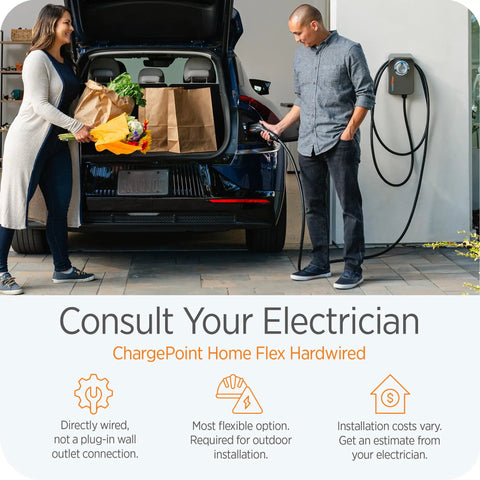 HomeFlex Level 2 EV Charger With NACS Tesla Compatible Hardwired Charging Station in use near SUV with groceries
