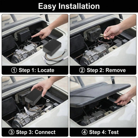 Installation steps for Drop In Rpm Rev Limiter for Club Car gas carts, showing locating, removing, connecting, and testing process.