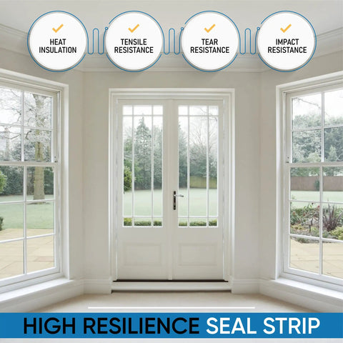 V Shape Weather Strip Adhesive Seal For Doors Foam Weatherstripping Door Seal For Frame Side Jamb And Bottom Groove Gap Filler Soundproof Insulation White Size One Half Inch By One Half Inch By Twenty Six Feet installed on white double doors.