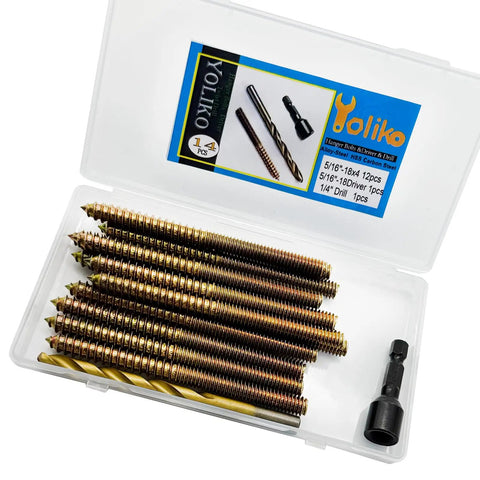 12 Pack 5/16-18 X 4 Inch Hanger Bolts With Alloy Steel Driver And HSS Twist Drill in a plastic case
