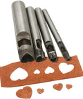 Heart Shape Hollow Punch Set 4 Piece Pro Grade For Leather Craft Tools 4mm 7mm 9mm 19mm showing cutout hearts in leather
