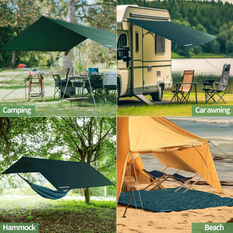 Waterproof Camping Tarp 10x10 Feet Rain Fly as canopy for campsites, car awning, hammock cover, and beach shelter.