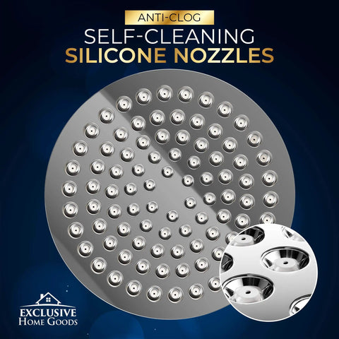 Close-up of a High Pressure Rainfall Shower Head Set That Delivers A Real Deal Clean By Filtering Chlorine, Heavy Metals And Impurities While Softening Water, 15 Stage Filtration With KDF 55 Activated Carbon, 90 Jets And 360 Degree Rotation For A Dope Shower showing self-cleaning silicone nozzles.