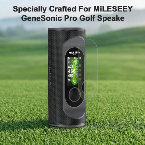 Tempered Glass Screen Protector 2 Pack For MiLESEEY GeneSonic Pro Golf Speaker shown on grassy field