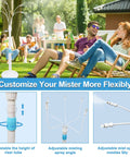 Standing Outdoor Misting System For Patio And Backyard with adjustable height and five nozzles shown in use at a backyard party.