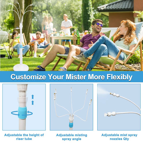 Standing Outdoor Misting System For Patio And Backyard with adjustable height and five nozzles shown in use at a backyard party.