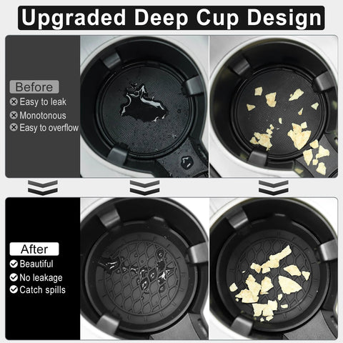 SINGARO four-pack black silicone car cup holder coasters; collage showing before spills and after installation with deep cups.