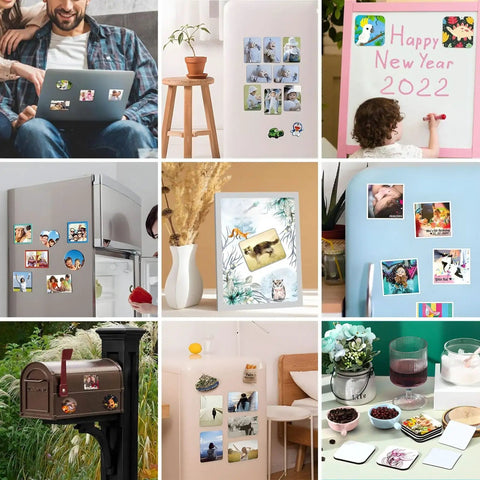 Collage of magnetic decor uses including a fridge, whiteboard, mailbox, and laptop with various fun designs showing versatility.