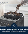 Magnifica Evo Automatic Espresso and Coffee Machine with Auto Milk Frother Built In Grinder Auto Clean Function Seven One Touch Drinks for Latte Cappuccino Americano Iced Coffee ECAM29084SB Silver showing coffee beans being poured into the built-in grinder.