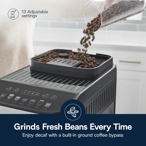 Magnifica Evo Automatic Espresso and Coffee Machine with Auto Milk Frother Built In Grinder Auto Clean Function Seven One Touch Drinks for Latte Cappuccino Americano Iced Coffee ECAM29084SB Silver showing coffee beans being poured into the built-in grinder.