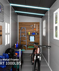 Interior of 4x8 Foot Resin Lean To Shed With Floor, Waterproof Outdoor Storage Shed, featuring tools and a bike, Grey