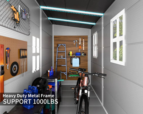 Interior of 4x8 Foot Resin Lean To Shed With Floor, Waterproof Outdoor Storage Shed, featuring tools and a bike, Grey
