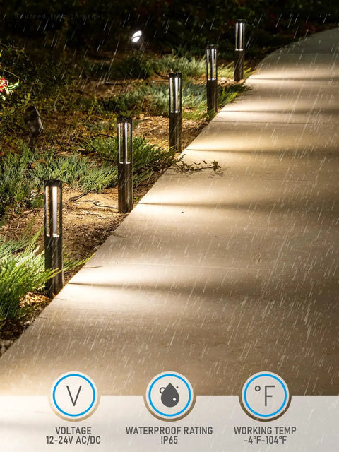 12 Pack Low Voltage Path Lights 3W LED Landscape Lighting For Outdoor Driveways And Gardens Aluminum Black 12-24V AC/DC ETL Listed IP65 Waterproof 3000K Warm White Lit 360 Degree Glow Easy Install illuminating driveway in rain