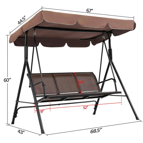 Three Seat Outdoor Porch Swing With Adjustable Canopy, Armrests And Included Stand, Cozy Breathable Fabric Patio Swing