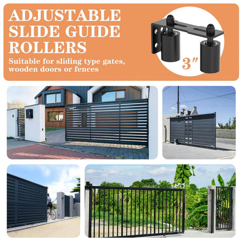Beefy Sliding Gate Roller Guide Kit With Heavy Duty Steel L Bracket And Adjustable 3 Inch Nylon Wheel Support for sliding gates shown installed on fences.