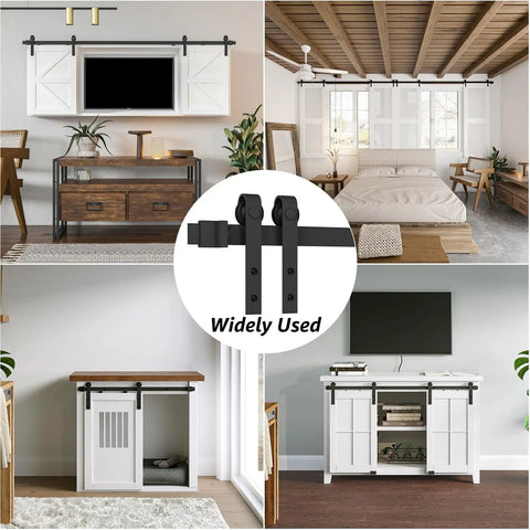 5Ft Mini Double Door Barn Door Hardware Kit For TV Stands And Cabinets Durable Black Steel Track J Shape Hangers