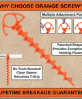 Beefy Ground Anchors For Camping And Tents, Screw-In Stakes That Grip In High Wind And Sand, Includes T-Grip Tool, Small 4 Pack In Bright Orange, Made In USA, Versatile Canopy And Outdoor Use Stakes For Grassy Or Sandy Surfaces image showing orange screw anchors with multiple attachment points and T-grip tool.