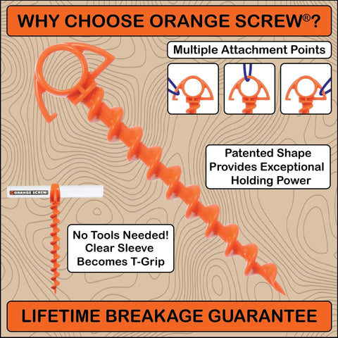 Beefy Ground Anchors For Camping And Tents, Screw-In Stakes That Grip In High Wind And Sand, Includes T-Grip Tool, Small 4 Pack In Bright Orange, Made In USA, Versatile Canopy And Outdoor Use Stakes For Grassy Or Sandy Surfaces image showing orange screw anchors with multiple attachment points and T-grip tool.