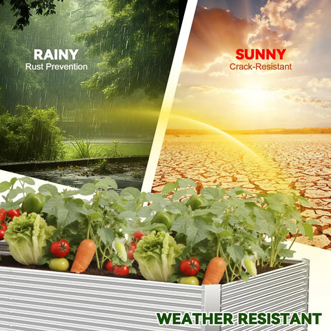 Two Pack Tall 8 Foot Raised Garden Beds, Corrugated Galvanized Steel Above Ground Garden Bed For Vegetables And Flowers, 8 By 3 Feet, displayed with vegetables and weather resistance qualities in rain and sun.