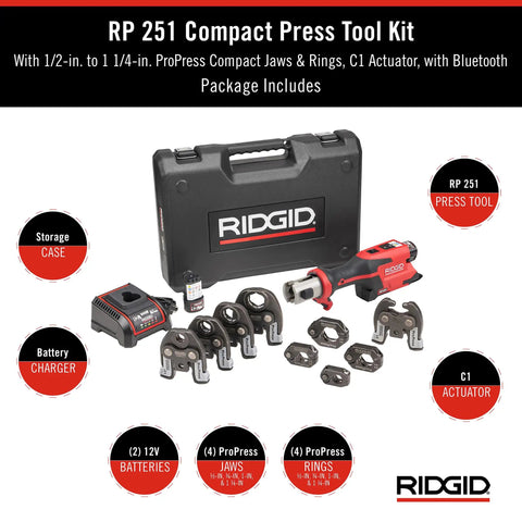 Compact Press Tool Battery Kit With ProPress Rings And Jaws For Half Inch To One And One Quarter Inch Copper Stainless Steel PEX