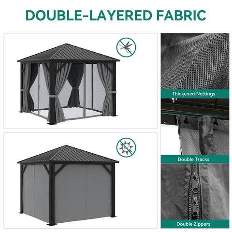 10x10 Foot Metal Hardtop Gazebo For Outdoor Patio Shelter With Sturdy Weather Resistant Frame Gray Galvanized Roof Curtains Netting