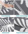 Collage of Outdoor Rug For All Weather Use Waterproof Plastic Straw Style Mat Large 5x8 Area Rug For Outdoor Living Yard Vibes Patio Deck Backyard RV Beach Balcony Porch White And Gray showing easy cleaning, waterproof, foldability, and edging.
