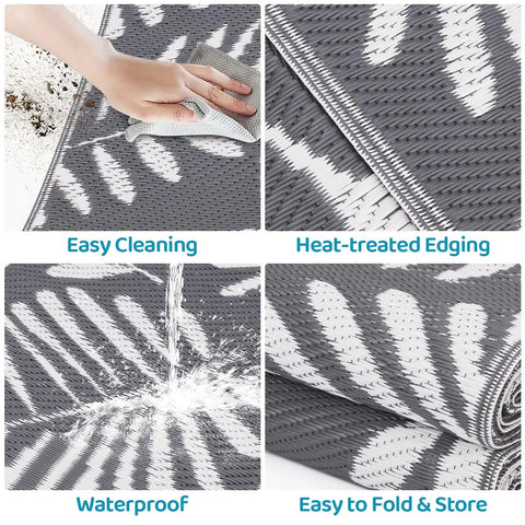 Collage of Outdoor Rug For All Weather Use Waterproof Plastic Straw Style Mat Large 5x8 Area Rug For Outdoor Living Yard Vibes Patio Deck Backyard RV Beach Balcony Porch White And Gray showing easy cleaning, waterproof, foldability, and edging.