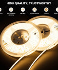 Twin reels of Ultra Bright 40ft COB LED Strip Lights 504 LEDs/m Warm White 3000K CRI90 Plus Flexible Tape glowing warmly