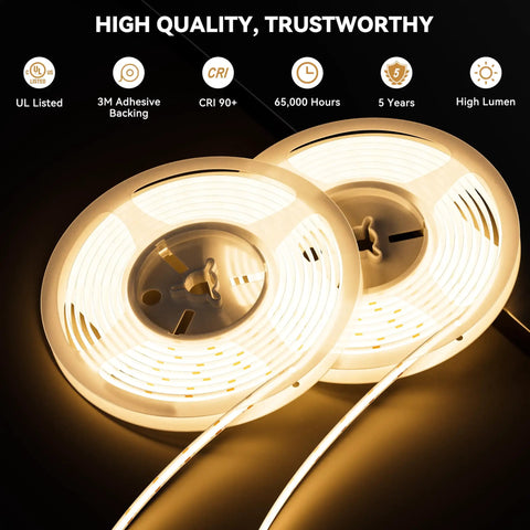 Twin reels of Ultra Bright 40ft COB LED Strip Lights 504 LEDs/m Warm White 3000K CRI90 Plus Flexible Tape glowing warmly