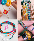 DIY crafts using Rainbow Embroidery Floss Set With 50 Skeins In Bright Colors, showing threaded tools and friendship bracelets.