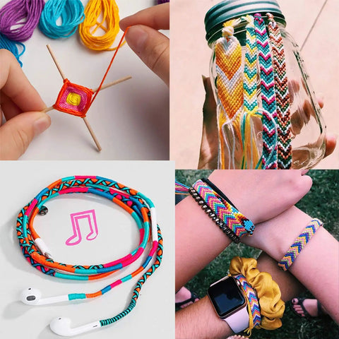 DIY crafts using Rainbow Embroidery Floss Set With 50 Skeins In Bright Colors, showing threaded tools and friendship bracelets.