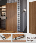 Premium 36X86 Inch Concealed Sliding Barn Door With Sleek Soft Close Hardware And Invisible Track Kit close-up showing top wheel and floor guide.