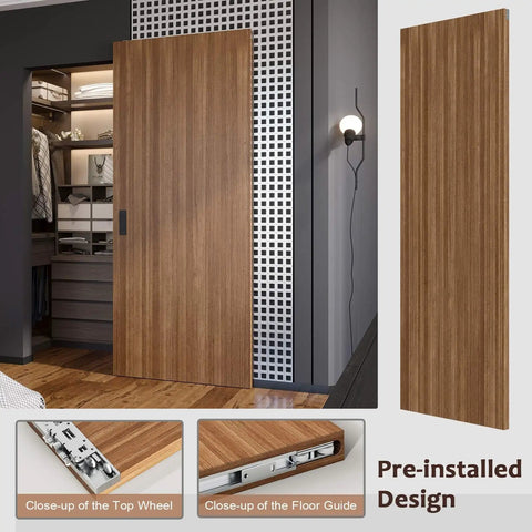 Premium 36X86 Inch Concealed Sliding Barn Door With Sleek Soft Close Hardware And Invisible Track Kit close-up showing top wheel and floor guide.