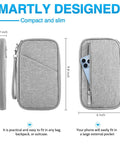 Go-To Passport Wallet With RFID Blocking, Waterproof Travel Organizer showing side and front view with phone pocket.