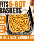Hassle Free Air Fryer Liners Disposable Parchment Paper Silicone Coated Nonstick Bpa Free Oil Proof Heat Resistant To 450F For No Drama Cleanup And Smoother Baking in an air fryer basket with fries.