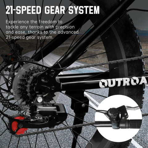 Close-up of 21-speed gear system on 26 Inch Fat Tire Mountain Bike With 21 Speed Drivetrain, Dual Disc Brakes, Front Suspension Fork