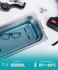 6.5L Ultrasonic Cleaner Pro Grade Heavy Duty With Digital Timer And Heater For Jewelry Glasses Watches And Tools 60W Ultrasonic Power 40KHz Frequency Stainless Steel Tank Drain Valve And Hose Included Lab Ready Cleaning Machine with glasses submerged in tank