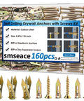 160Pcs Self Drilling Drywall Anchors with Screws Kit for Hanging Pictures Curtains Plants and Clocks, shown in packaging.