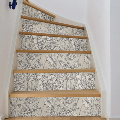 Staircase with Grey Cayman Peel And Stick Wallpaper With Tropical Botanical Design Neutral Removable Self Adhesive Wall Covering