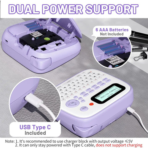 Handheld Electric Label Maker With Keyboard And BZ Laminated Tapes Offering Super Slick Operation showing dual power options