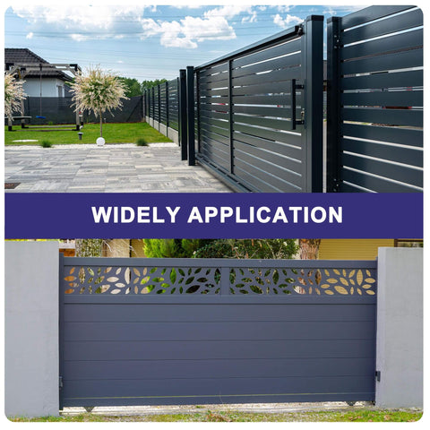 Grey sliding gate installed, showing Eight Pack Slide Gate Guide Rollers 3 Inch Nylon Wheels Gate Support Assembly Universal