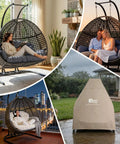 All Weather Two Person Egg Chair With Stand Cozy Oversized Wicker Hanging Loveseat Built Tough Steel Frame With Extra Thick Cushion Rain Cover Included Indoor Outdoor Patio Swing Chair Dark Grey with cover