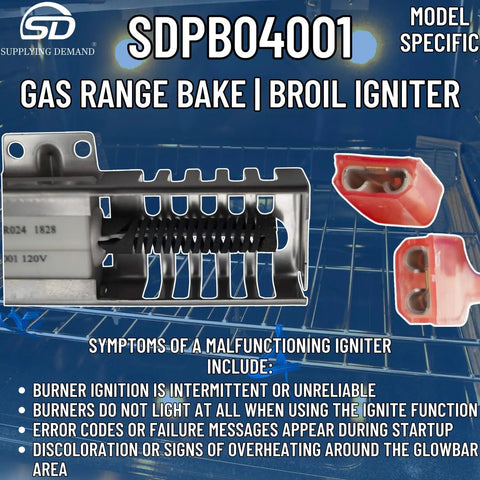 Gas Range Bake And Broil Igniter Replacement Direct Fit For Model Specific Applications 120V 3.2 To 3.6 Amps Not Universal Four And A Half Inch Body With Twelve Inch Lead, showing igniter details and specifications with emphasis on usage symptoms.