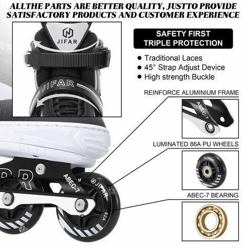 Adjustable Inline Skates For Teens And Adults With Light Up Wheels No Batteries Needed showing reinforced frame and bearings.